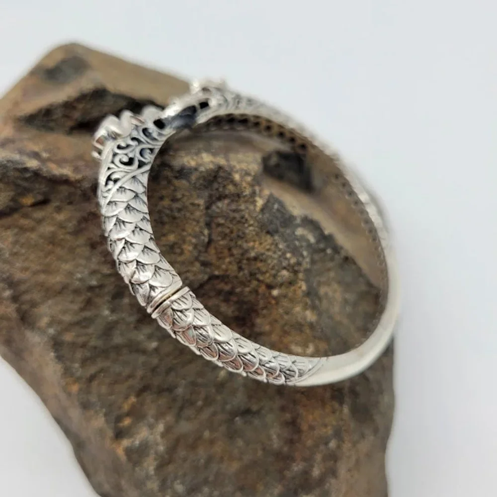 Sterling Silver Dragon Head Bangle Bracelet - Silver